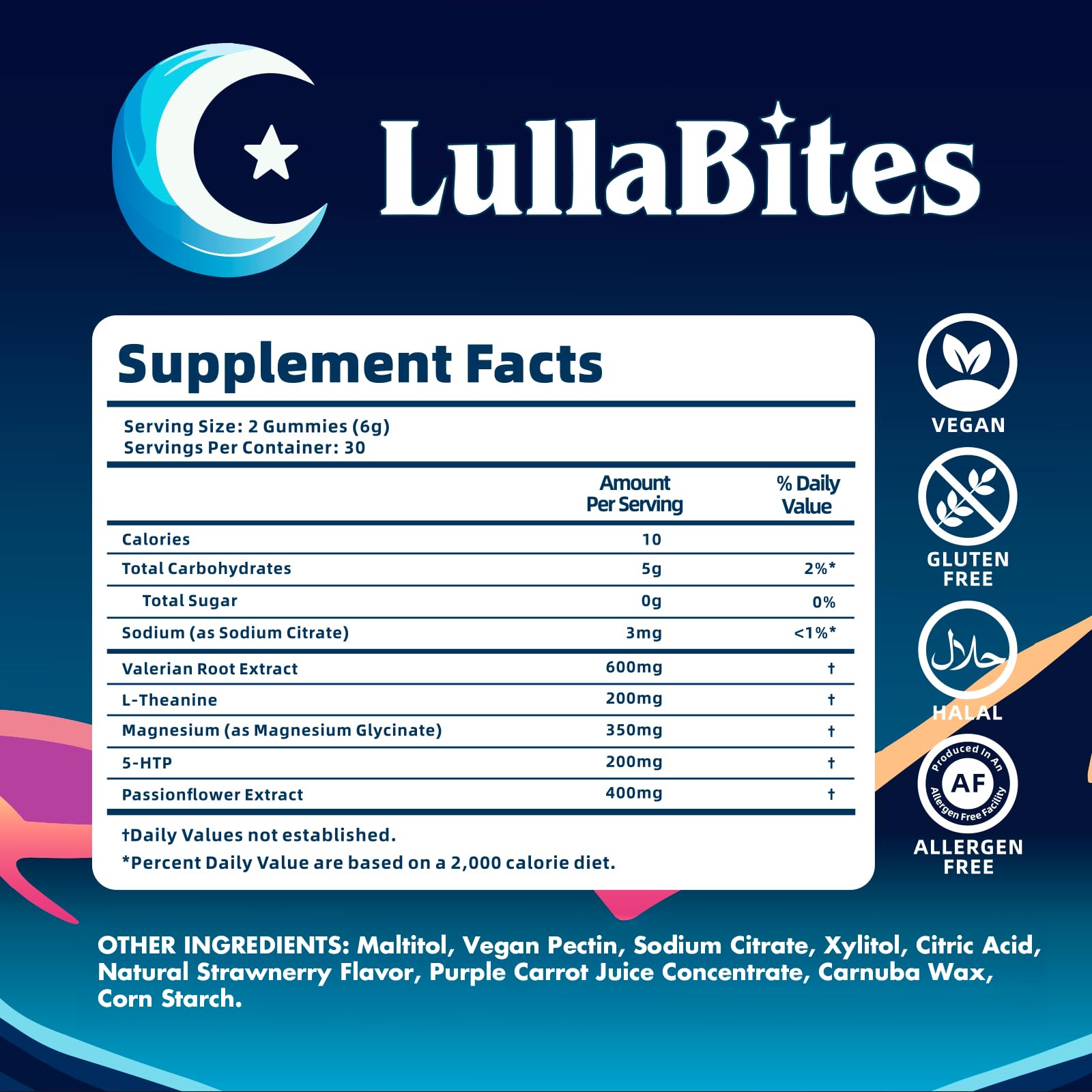 LullaBites etiqueta con lista de ingredientes y valores