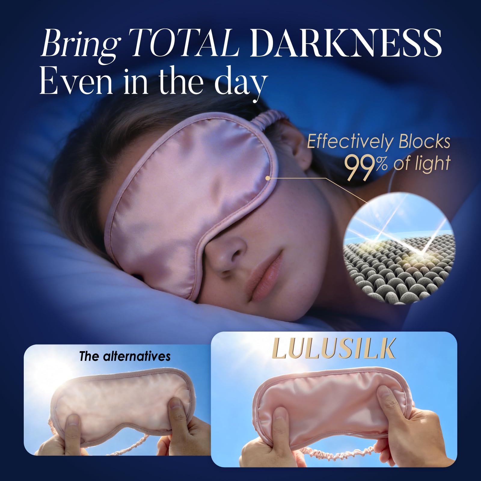 LULUSILK antifaz en uso mientras duerme, confort nocturno