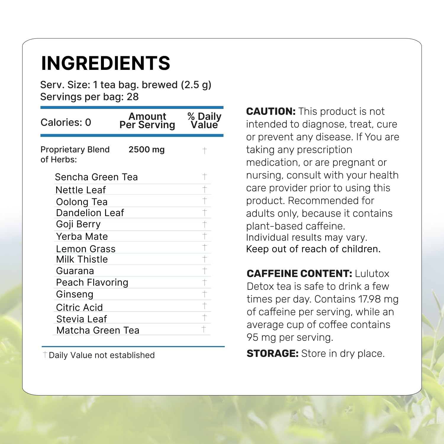 LULUTOX etiqueta con lista de ingredientes y datos nutricionales visibles