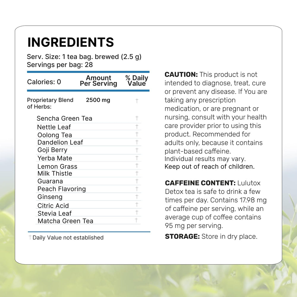 LULUTOX etiqueta con lista de ingredientes y datos nutricionales visibles