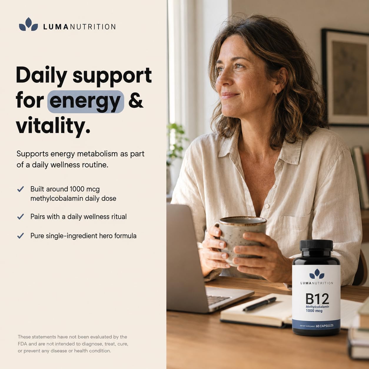Etiqueta de ingredientes Luma Nutrition B12 destacando pureza