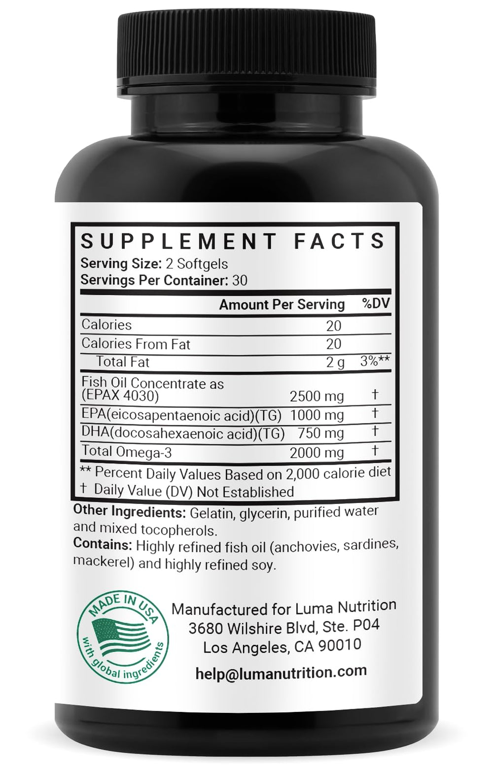 disposición de 60 softgels Luma Nutrition ilustrando suministro mensual