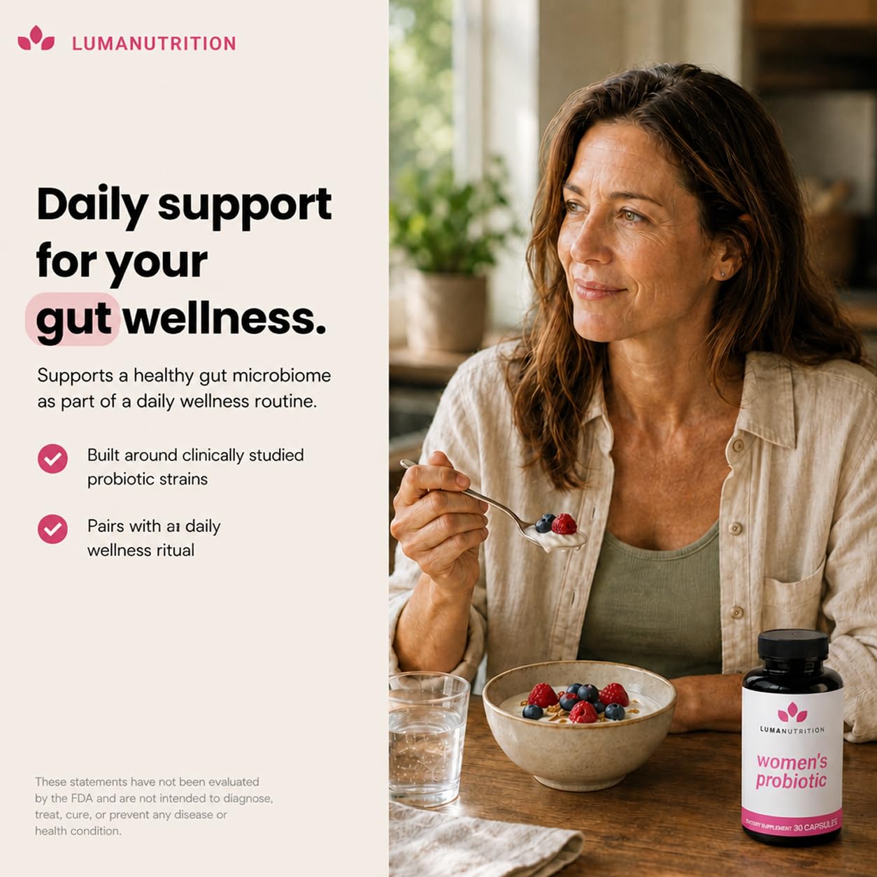 Luma Nutrition comparación de tamaño con moneda para escala práctica