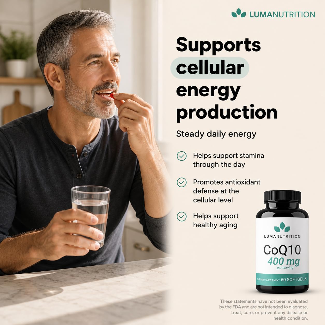 Etiqueta de ingredientes Luma Nutrition CoQ10 resaltando pureza y sin OGM