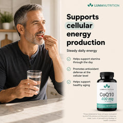 Etiqueta de ingredientes Luma Nutrition CoQ10 resaltando pureza y sin OGM