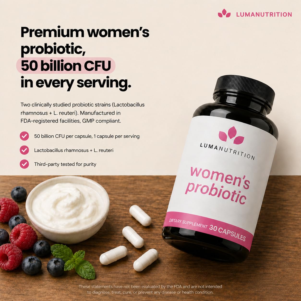 Luma Nutrition polvo prebiótico cercano que enfatiza ingredientes activos