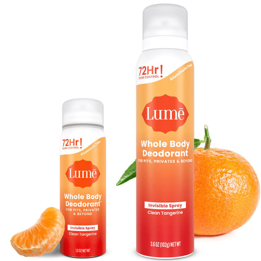 Lume pack frontal Clean Tangerine mostrando frasco grande y mini para comodidad