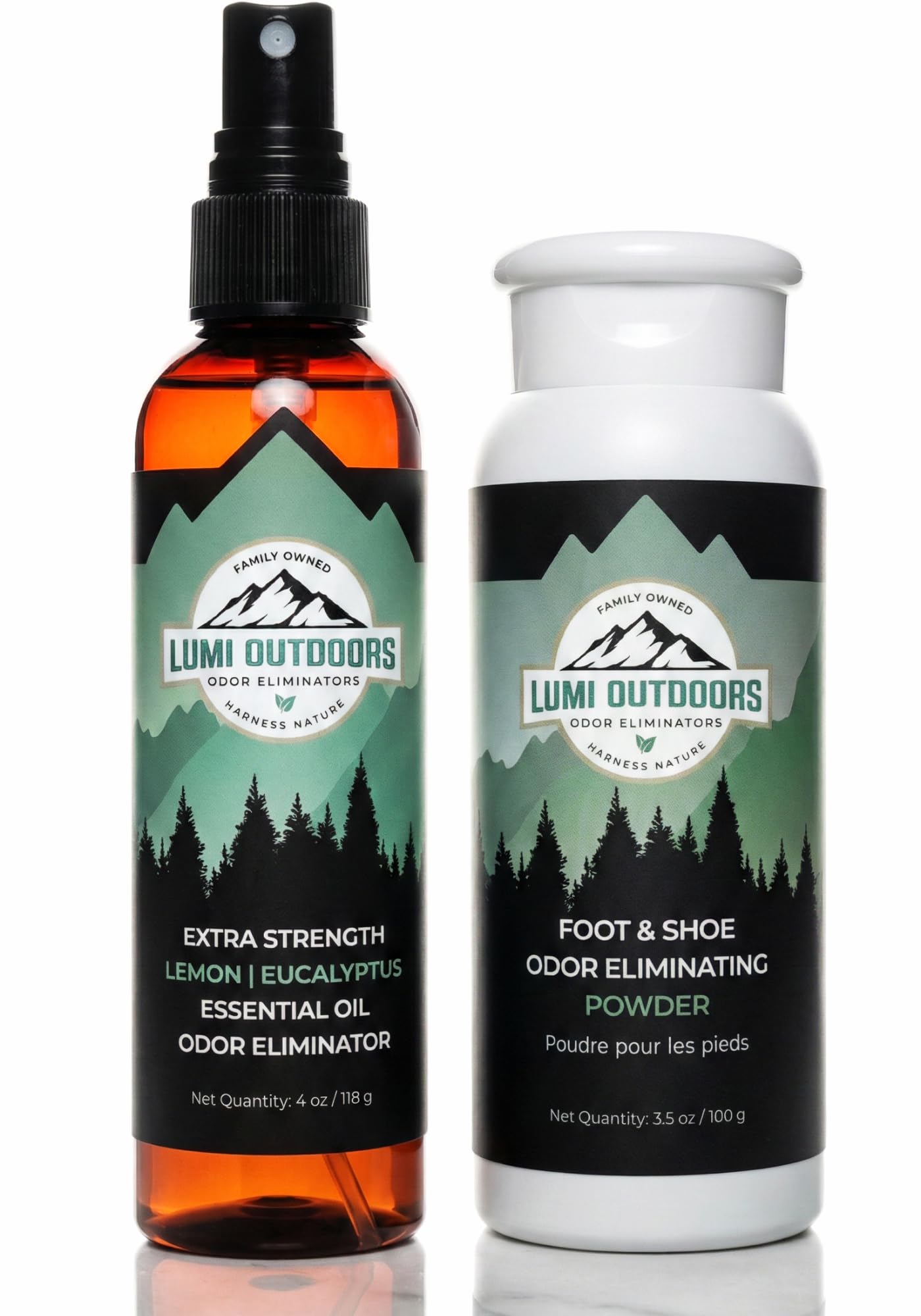 Lumi Outdoors pack frontal mostrando spray y polvo, frescura duradera