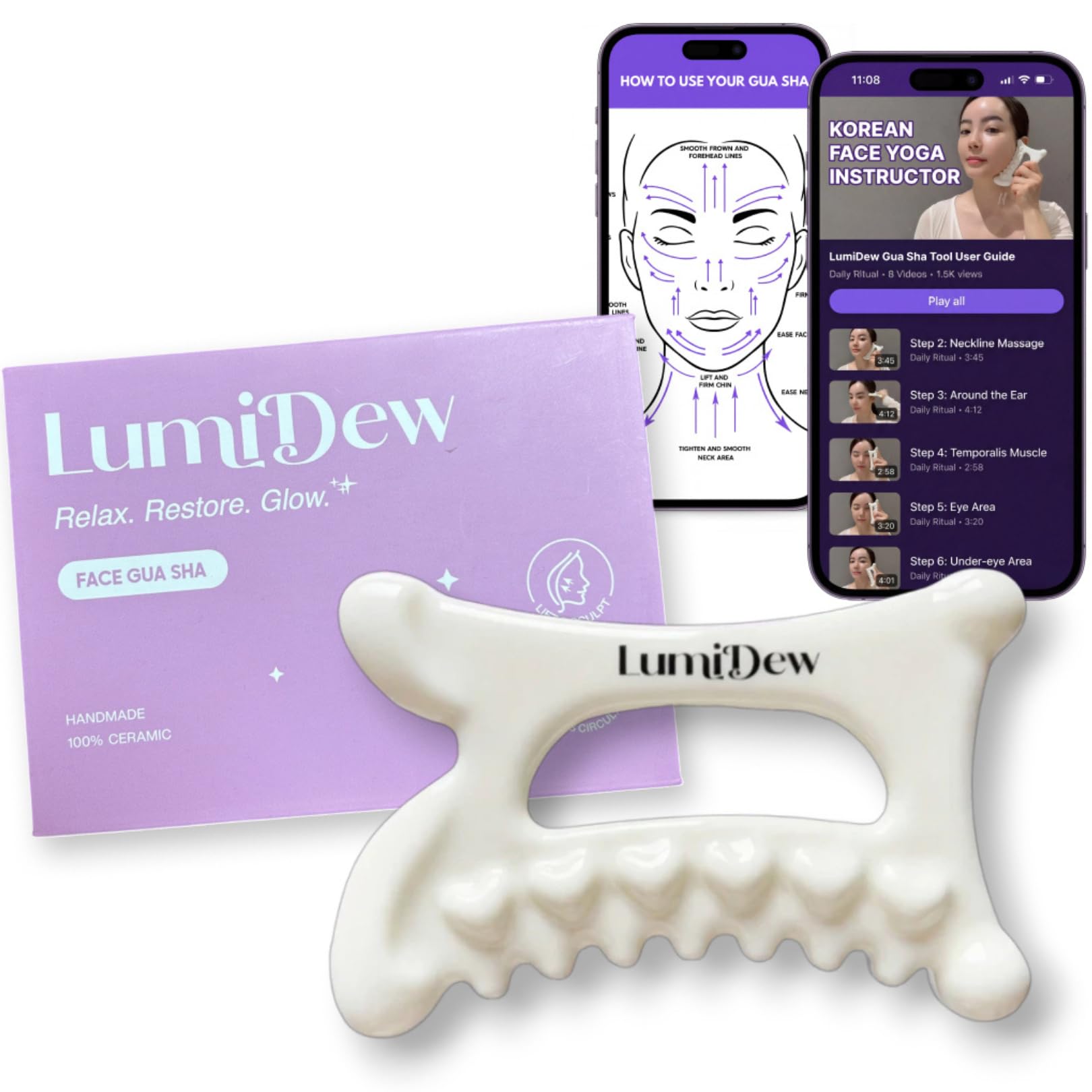 LumiDew vista frontal del gua sha con empaque elegante y beneficios higiénicos