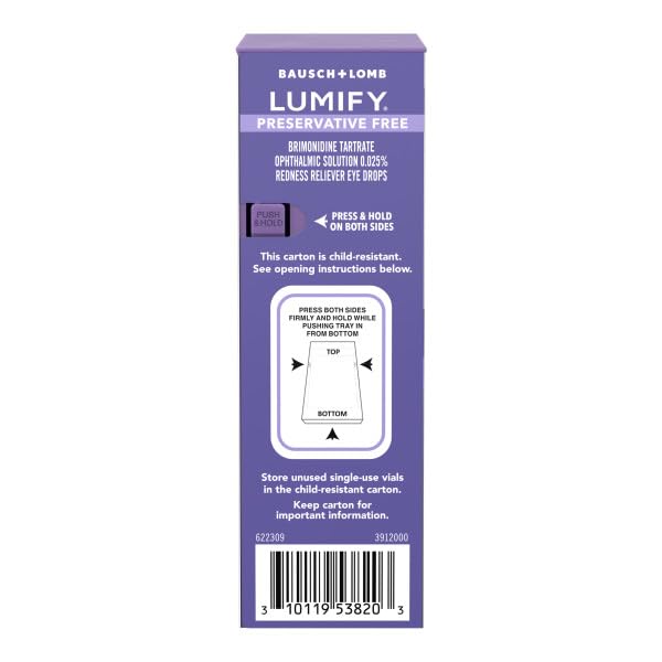 LUMIFY vial abierto en mano, aplicación higiénica para reducir enrojecimiento rápidamente