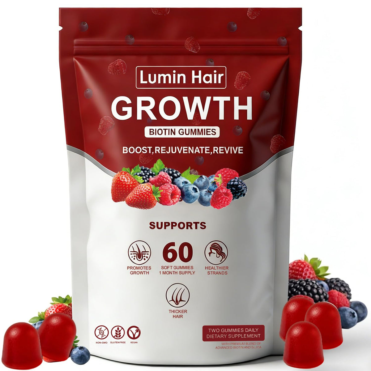 Lumin Hair frente del empaque mostrando 60 gomitas y beneficio de nutrición diaria