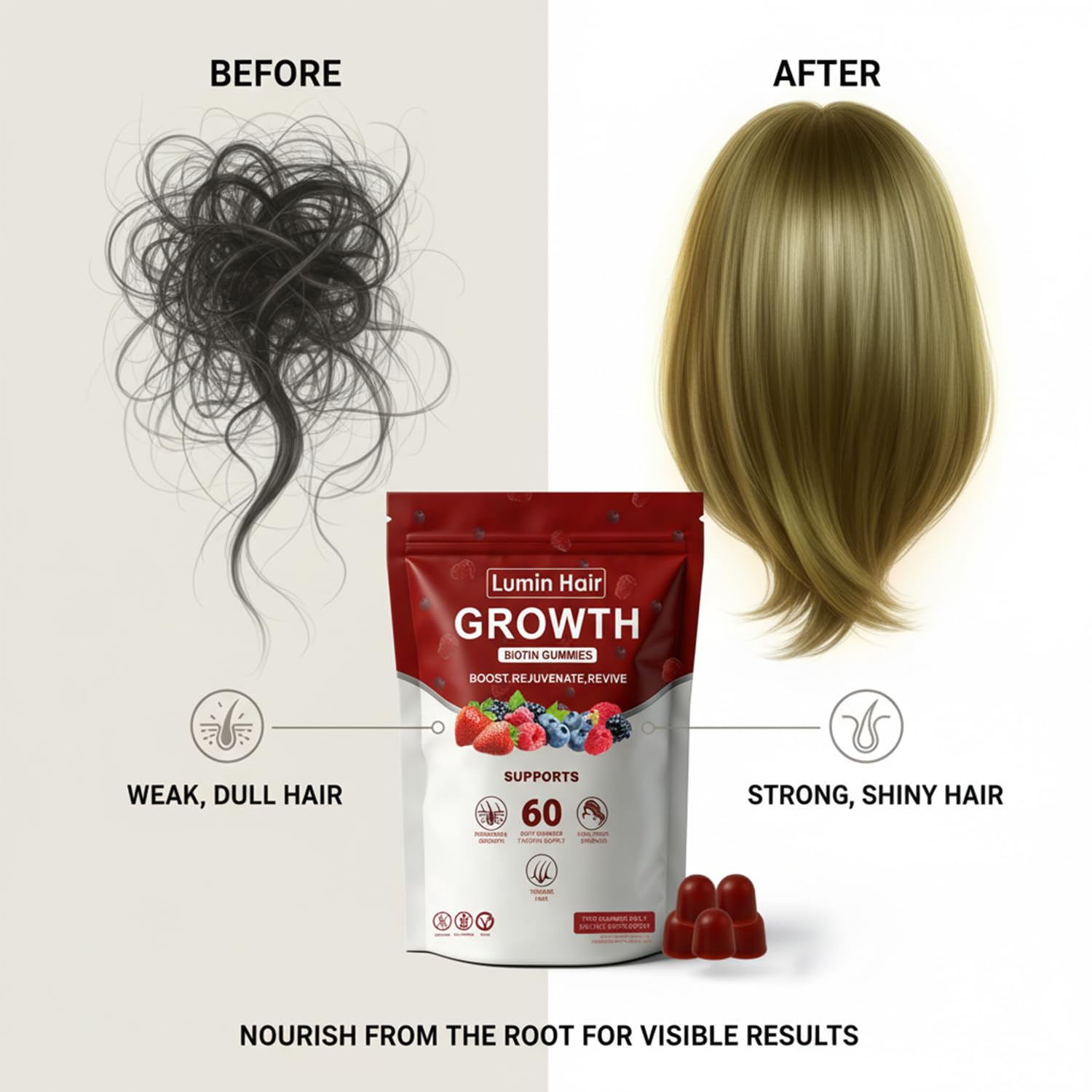 Lumin Hair gomitas en mano para comparar tamaño y facilitar la dosis diaria