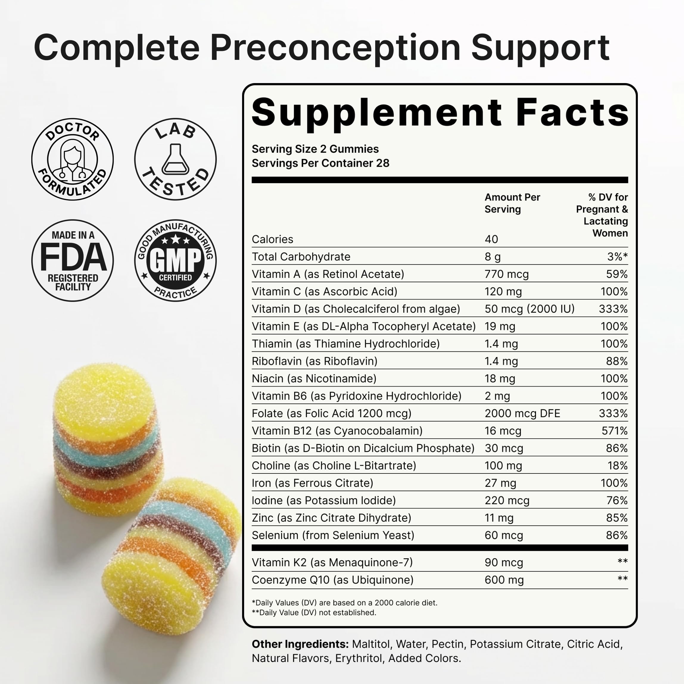 Ingredientes clave de Luminary Vitamins (CoQ10, hierro, folato) mostrados ordenados