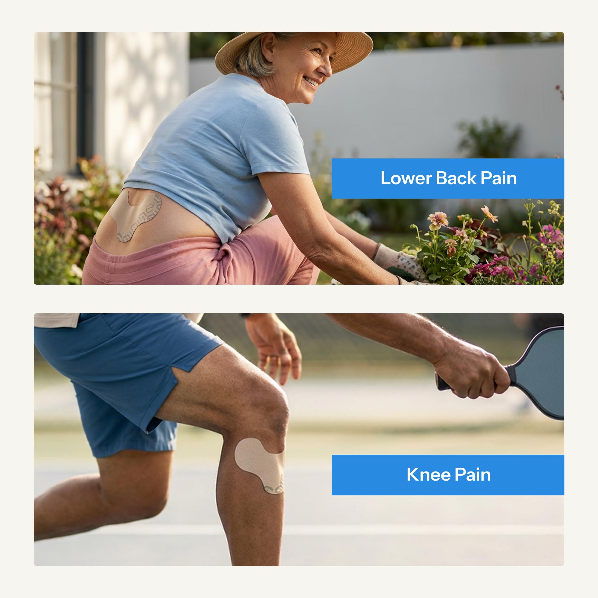 LUMINAS parche aplicado en rodilla demostrando su sujeción durante ejercicio