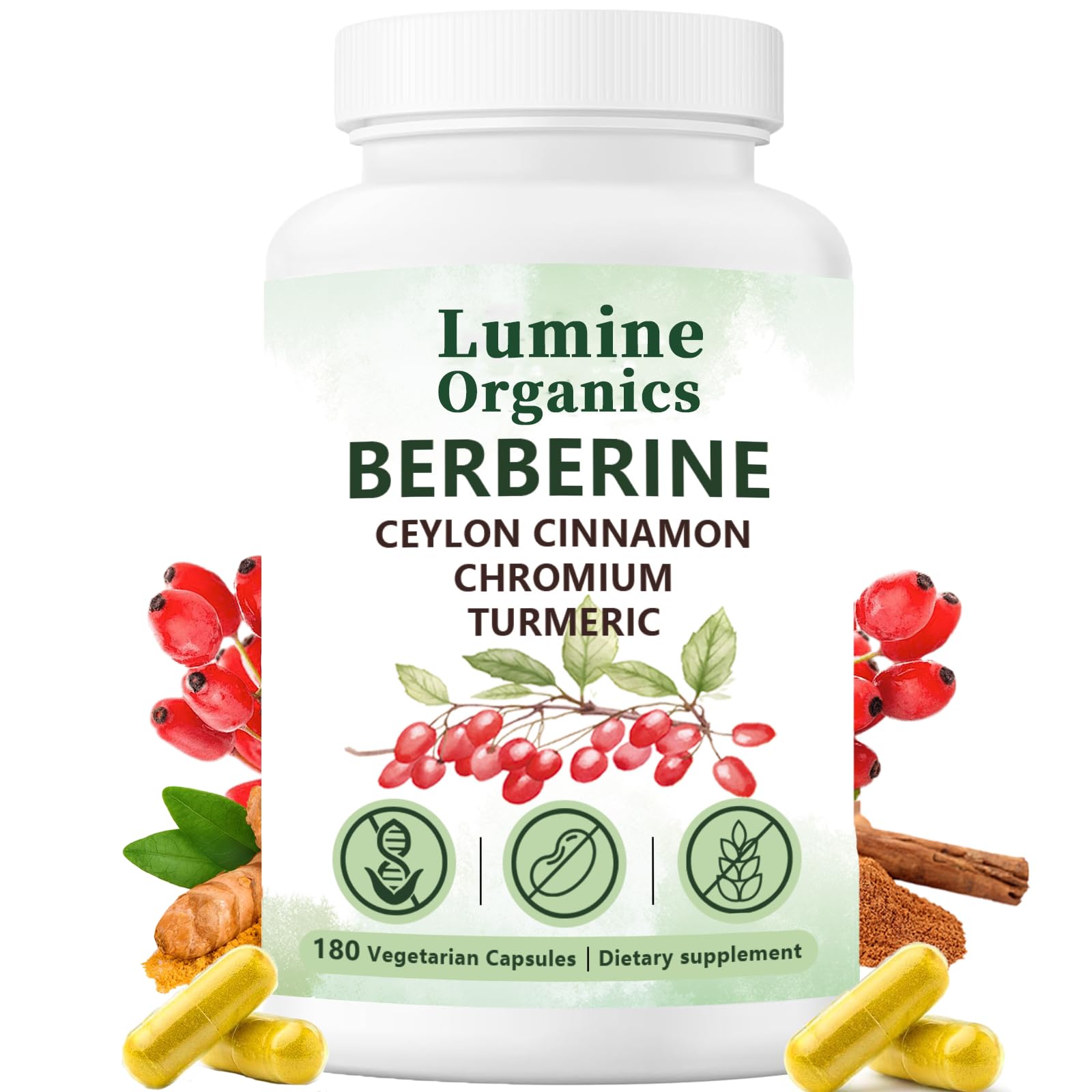 Lumine Organics frasco frontal mostrando diseño y tamaño, transmite confianza