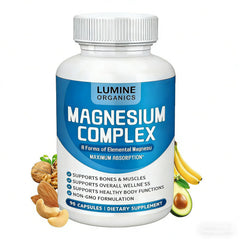 Lumine Organics ingredientes lista impresa enfocada, muestra la mezcla 8 en 1 del magnesio