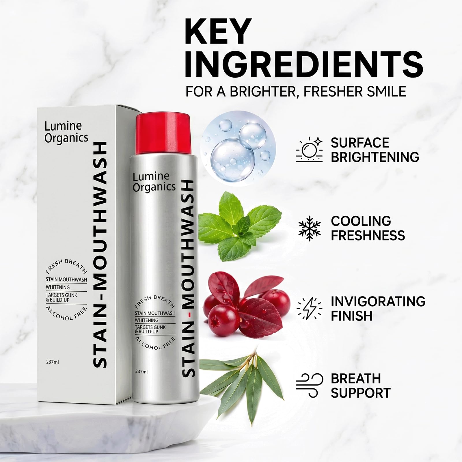 Lumine Organics comparación de tamaño 237ml señalando portabilidad práctica