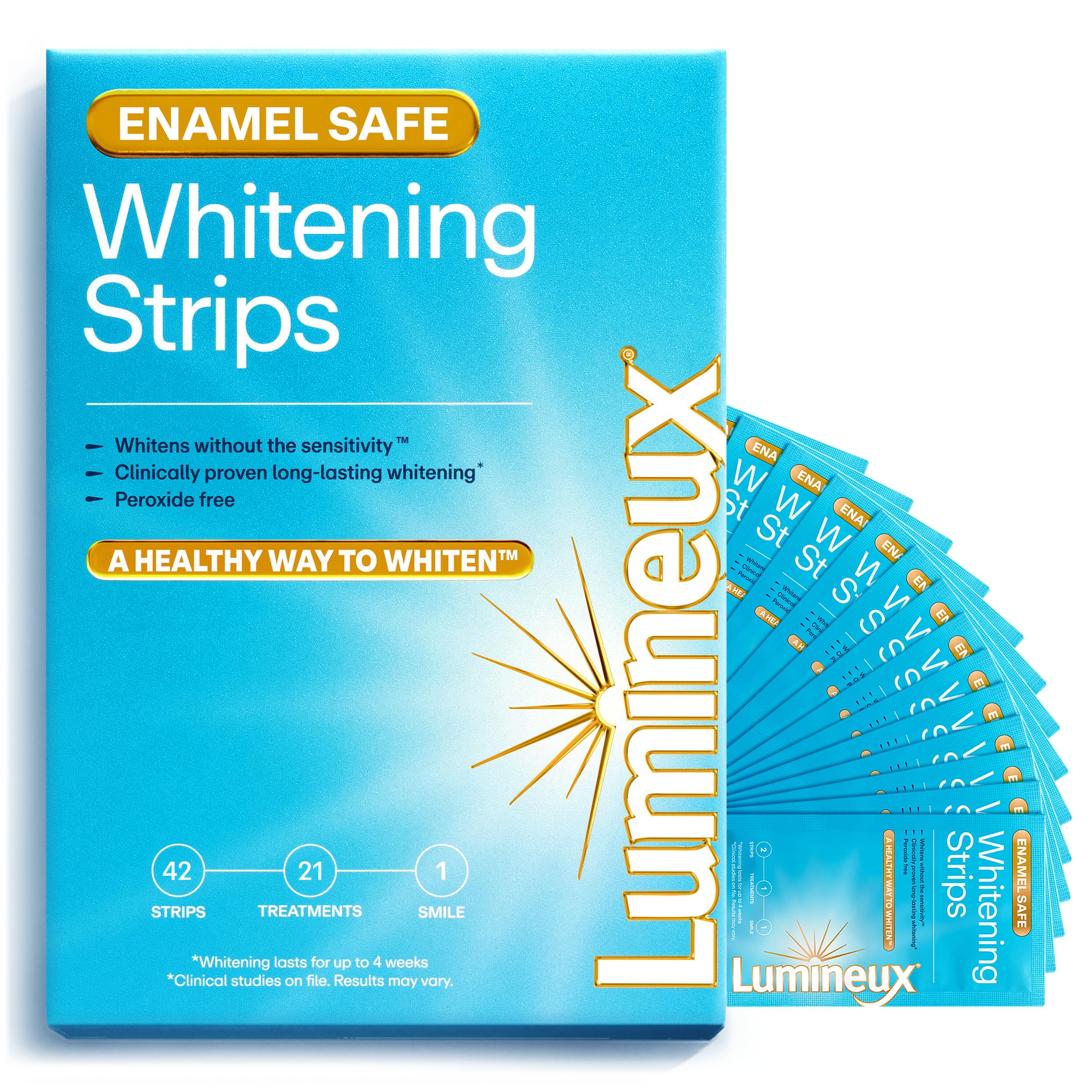 Lumineux empaque frontal mostrando 21 tratamientos y beneficio de protección del esmalte