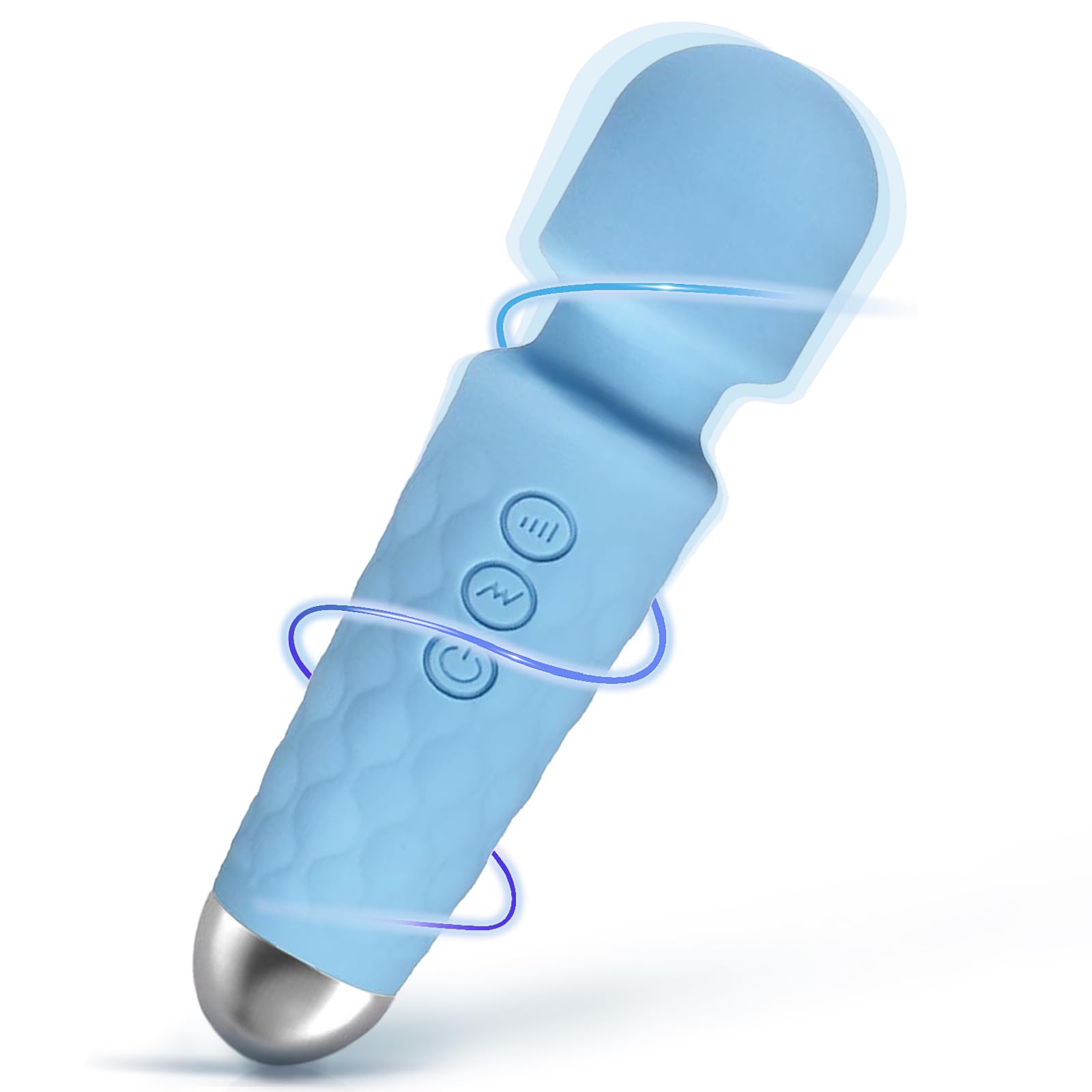 LUMIO masajeador frontal azul mostrando diseño ergonómico y compacto