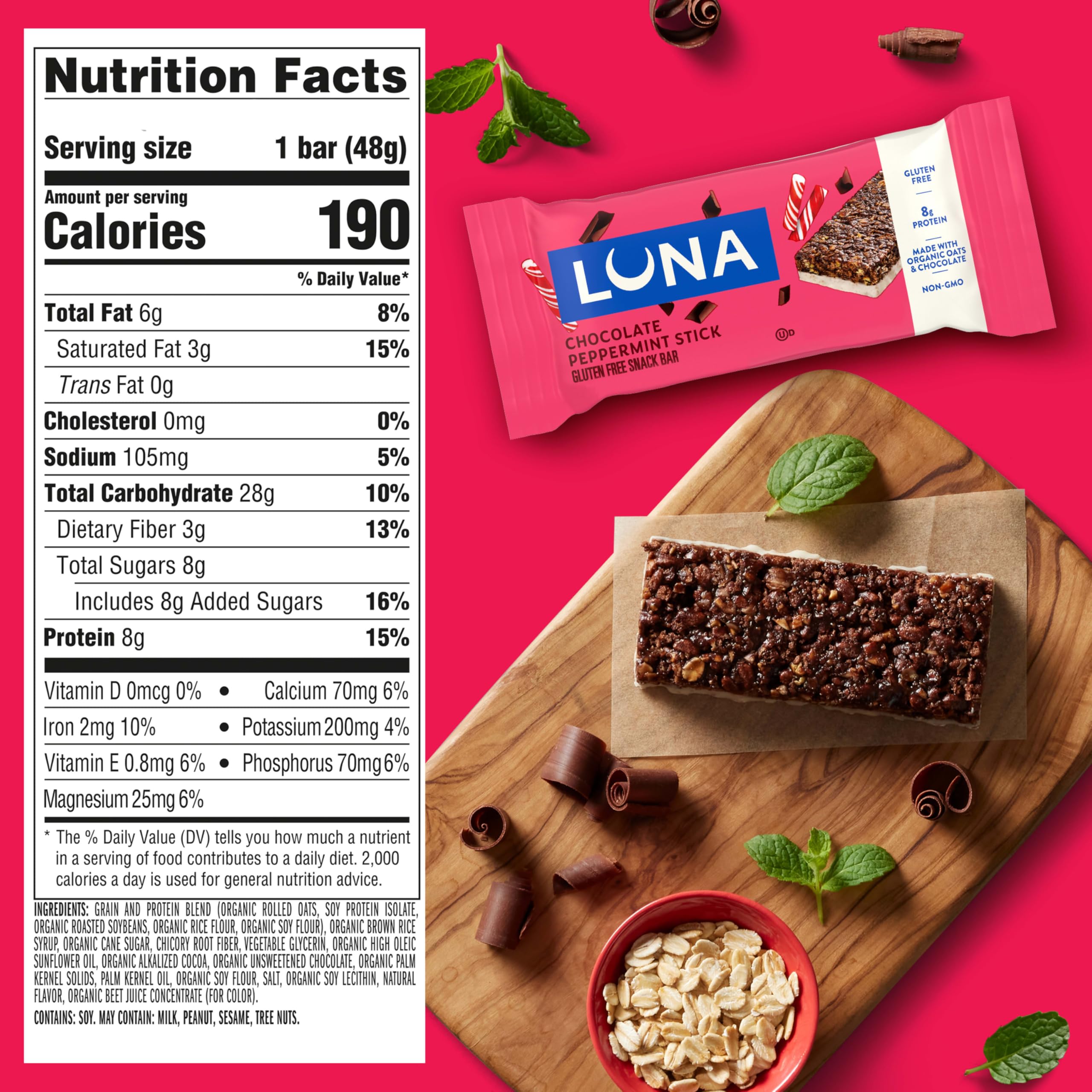 Luna Bar barra desenvuelta mostrando la textura y aporte de proteína vegetal