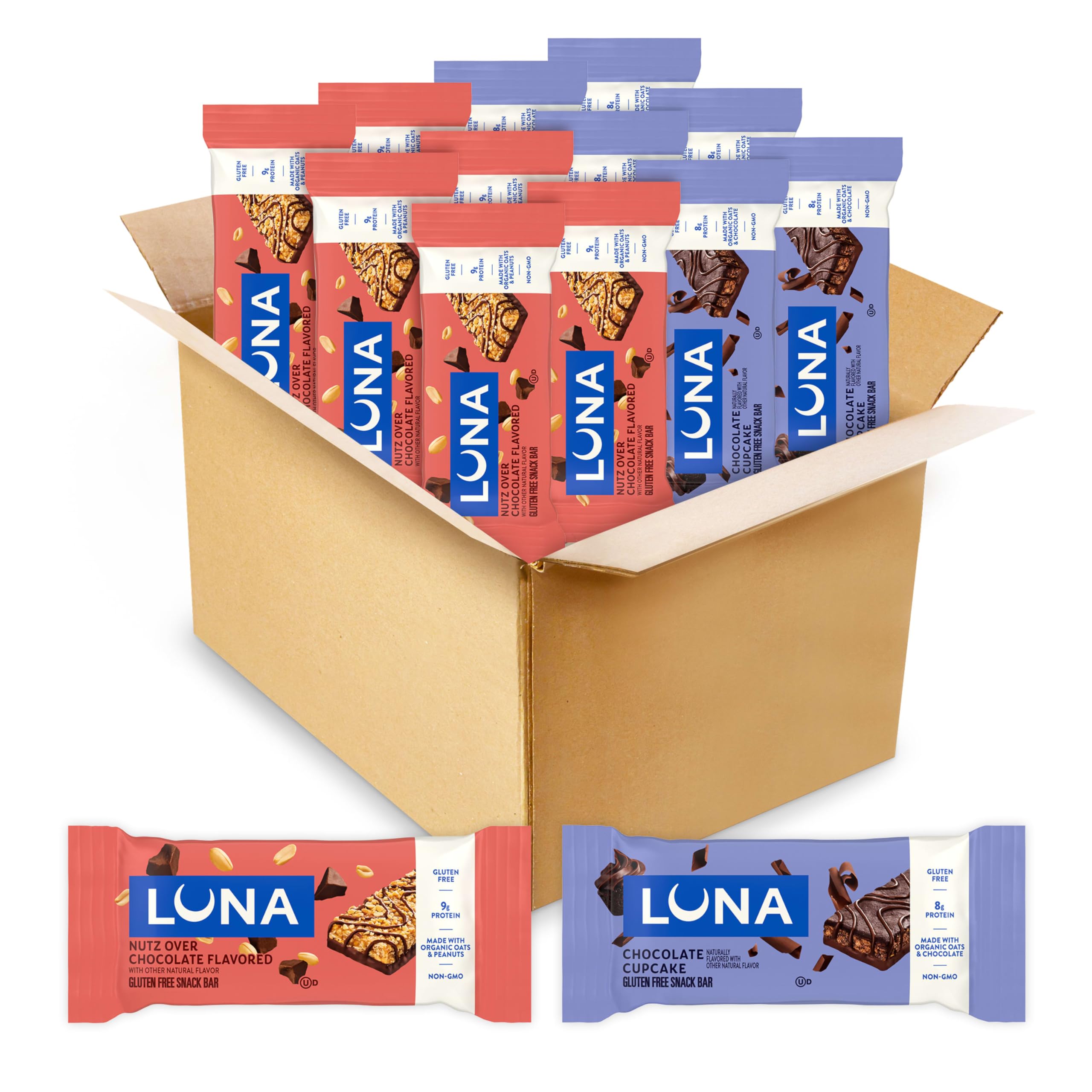 Luna Bar frente del empaque mostrando variedad y conveniencia