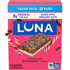 Luna Bar frontal de la caja mostrando el sabor chocolate menta y beneficio práctico