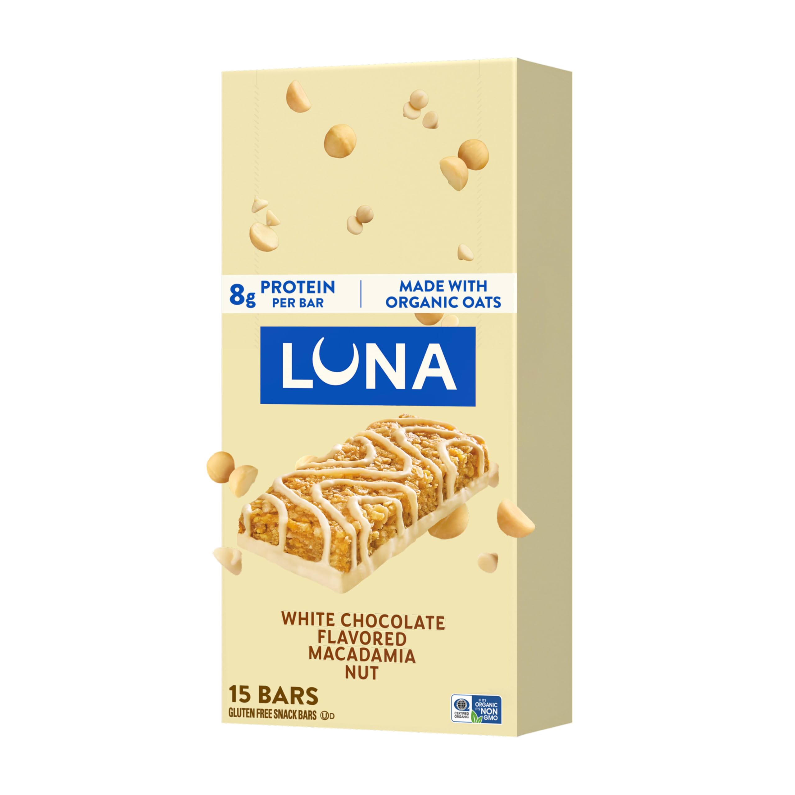 Luna Bar paquete frontal mostrando 15 barras y beneficio de conveniencia