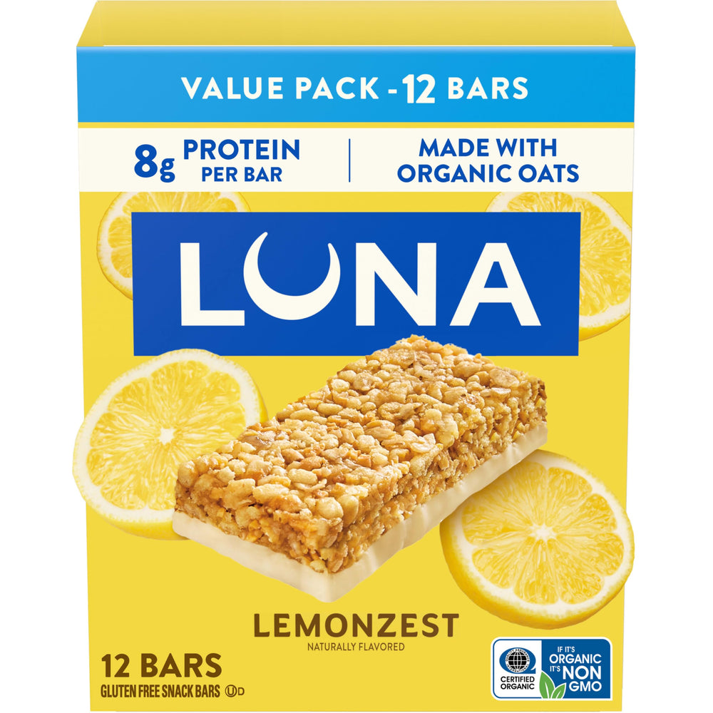 Luna Bar frente del empaque mostrando caja de 12 unidades y sabor cítrico