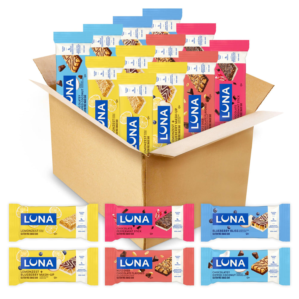 Luna Bar pack frontal mostrando la caja y variedad, práctico para llevar