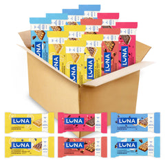 Luna Bar pack frontal mostrando la caja y variedad, práctico para llevar