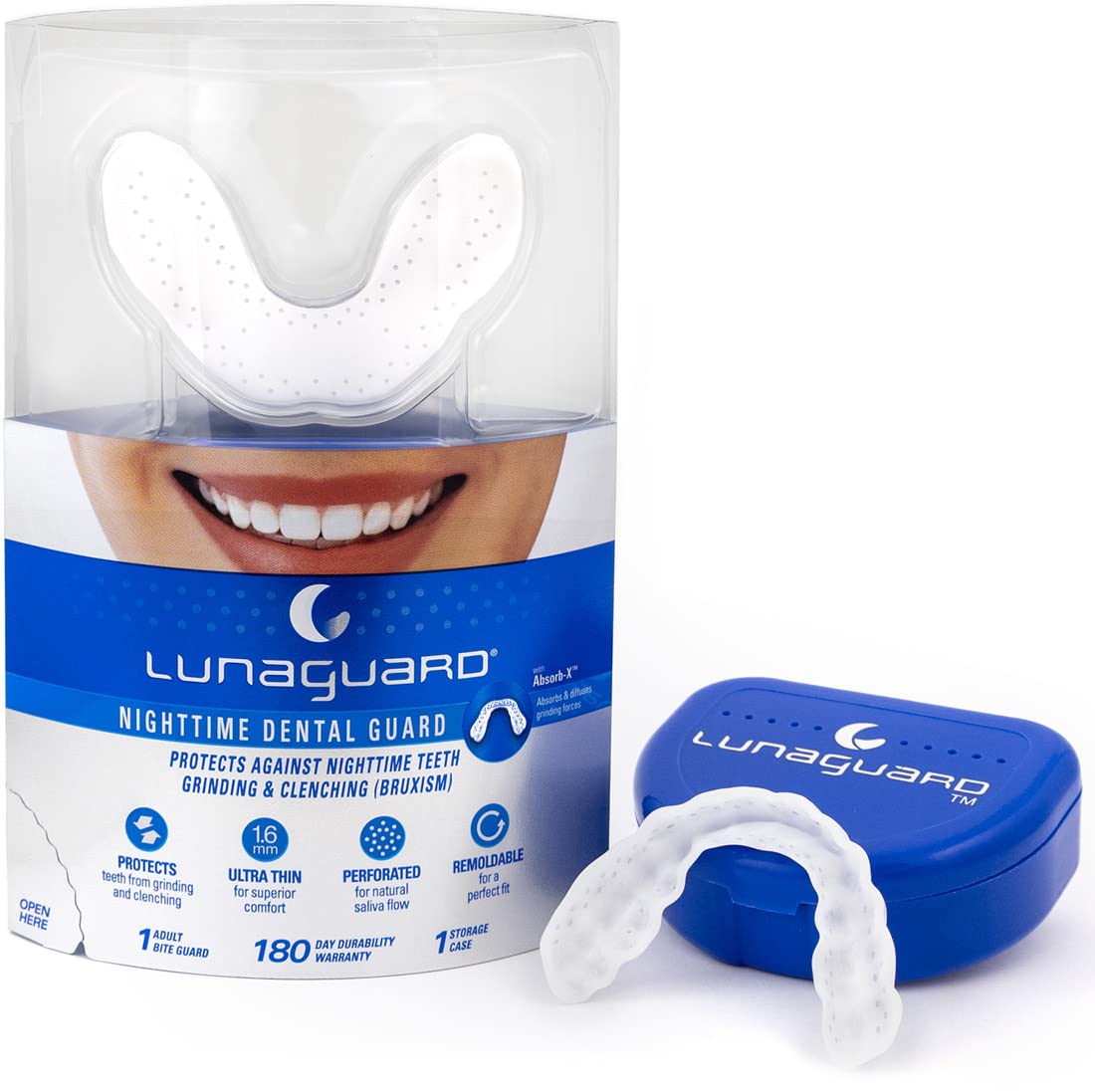LunaGuard frontal del empaque mostrando protector y estuche, protección nocturna cómoda