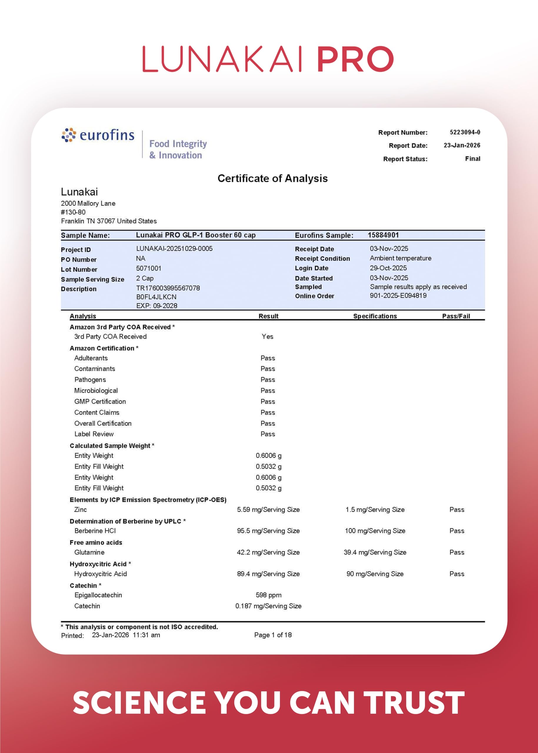 Lunakai etiqueta de ingredientes centrada en mezcla probiótica y resveratrol
