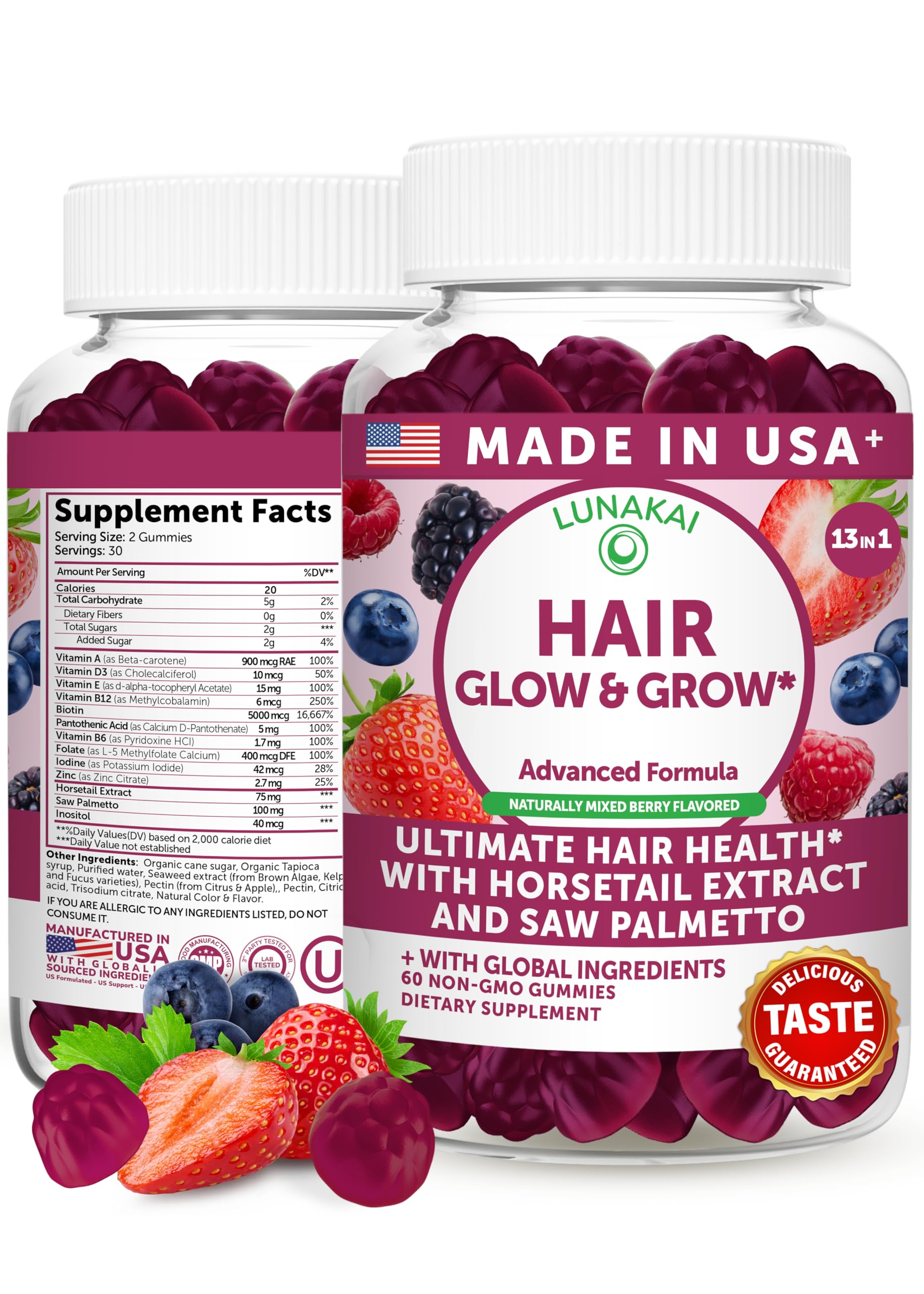 Lunakai envase frontal mostrando 60ct y beneficios para cabello