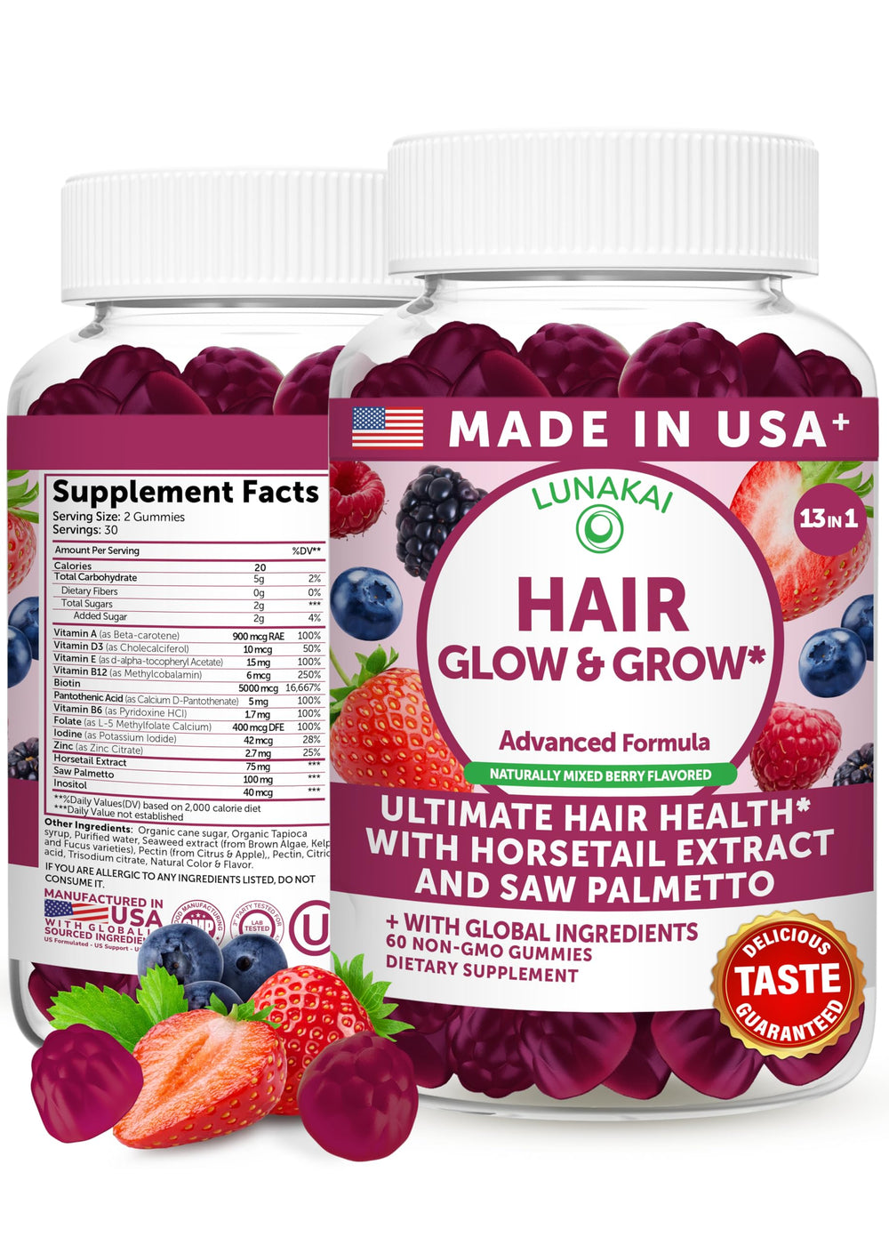 Lunakai envase frontal mostrando 60ct y beneficios para cabello