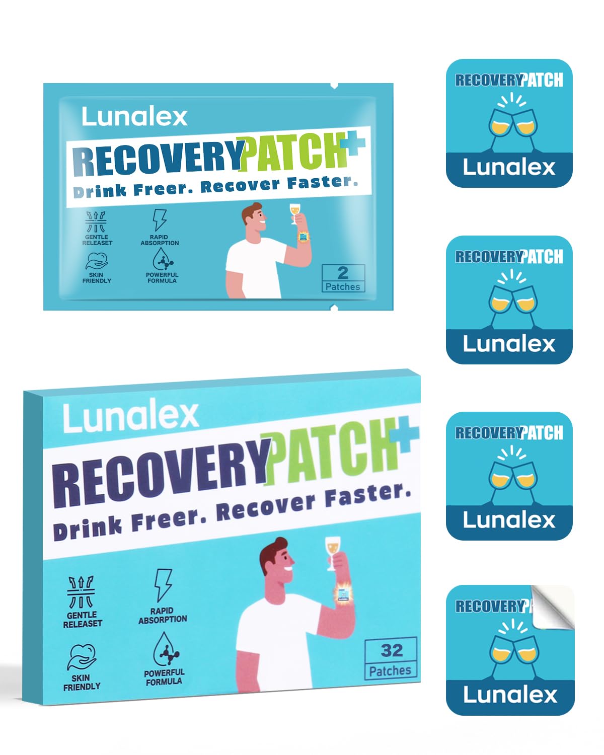 Lunalex empaque frontal mostrando 32 parches y beneficio de conveniencia