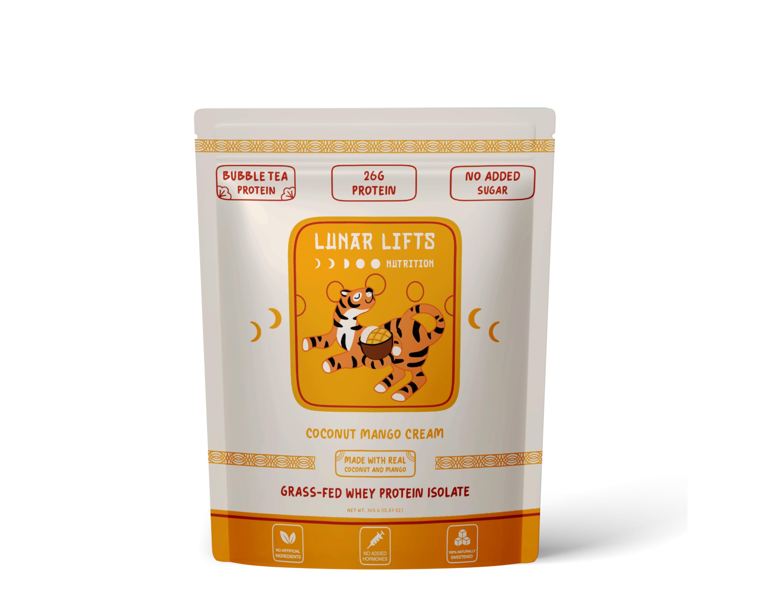 Lunar Lifts envase frontal mostrando etiqueta de coconut mango cream y beneficios