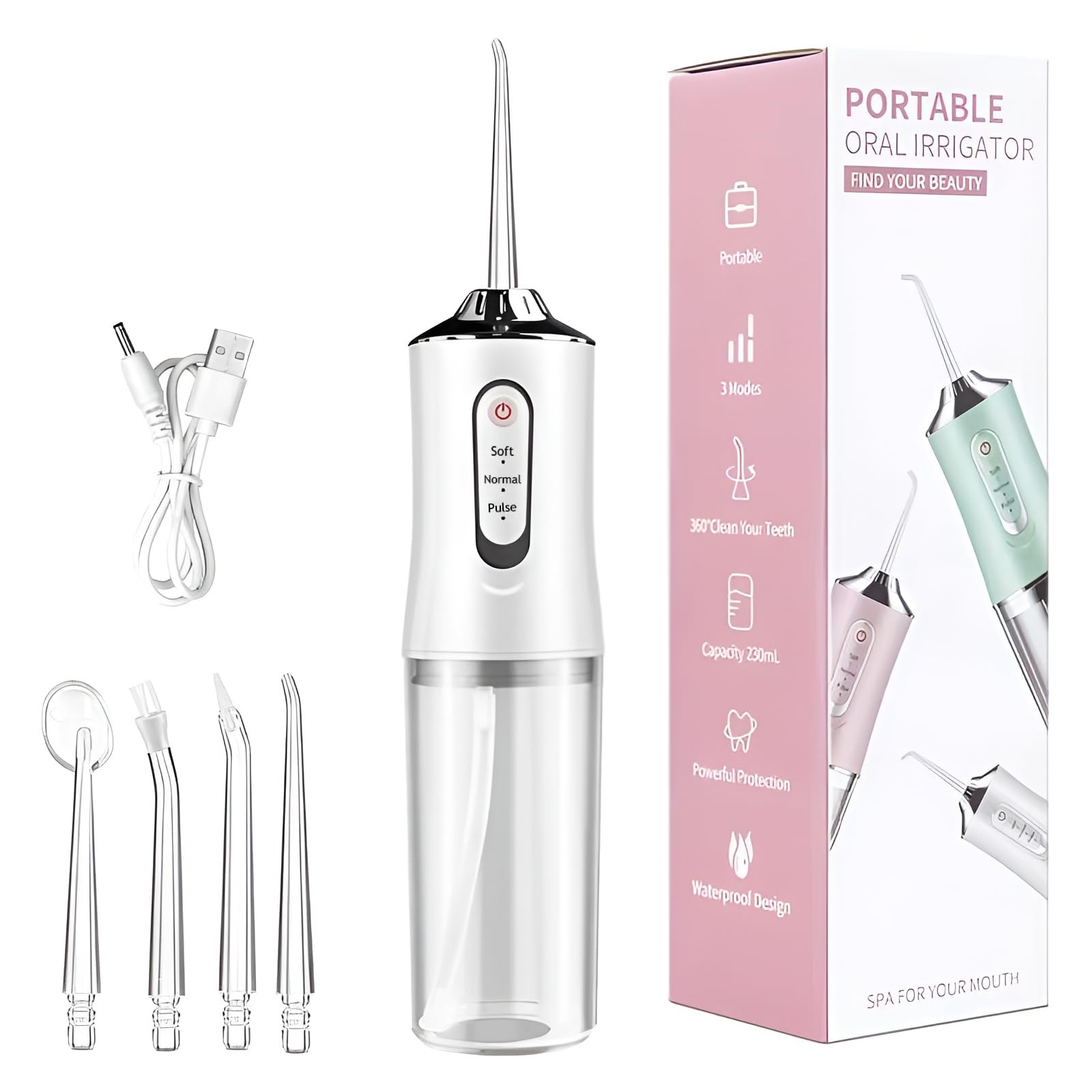 Lunstelia vista frontal del irrigador portátil con diseño ergonómico y recargable