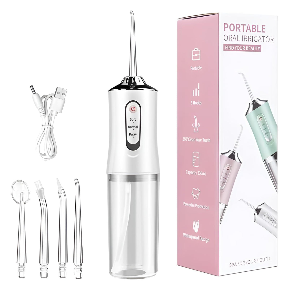Lunstelia vista frontal del irrigador portátil con diseño ergonómico y recargable