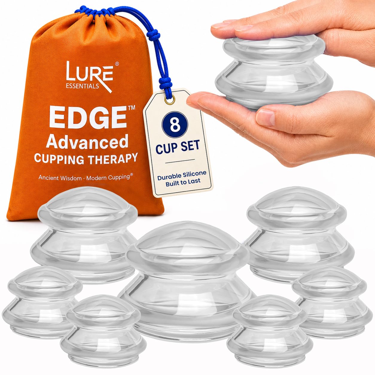 LURE vista frontal del empaque mostrando kit de 8 copas y beneficio de versatilidad