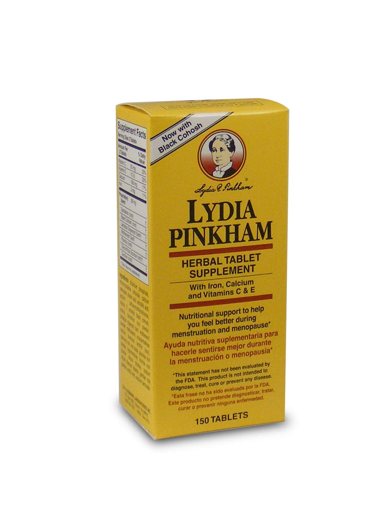 Lydia Pinkham paquete frontal mostrando 150 comprimidos y beneficios
