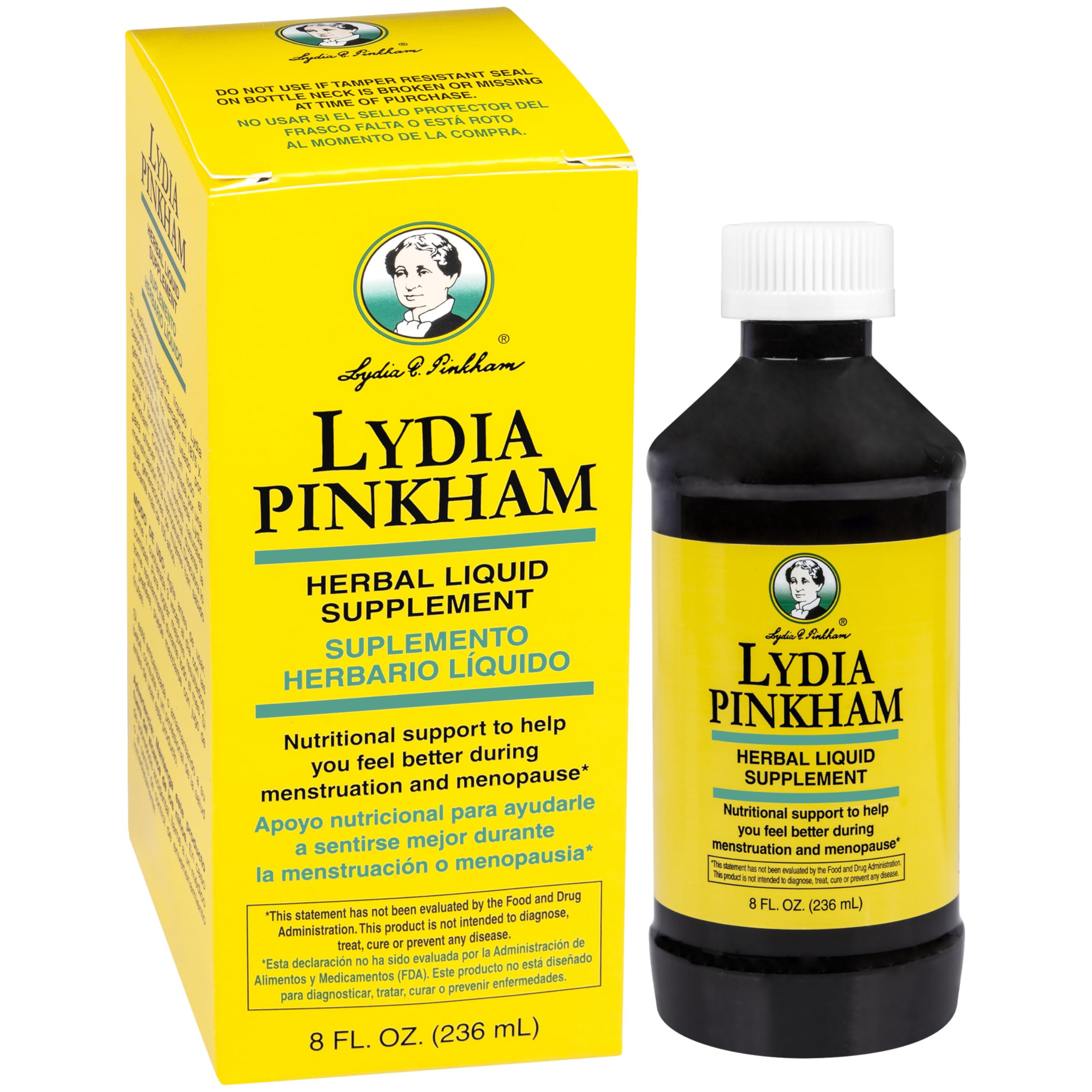 Lydia Pinkham envase frontal mostrando la botella y marca para identificación rápida