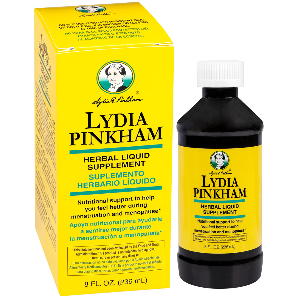 Lydia Pinkham envase frontal mostrando la botella y marca para identificación rápida
