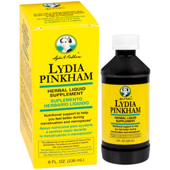 Lydia Pinkham envase frontal mostrando la botella y marca para identificación rápida