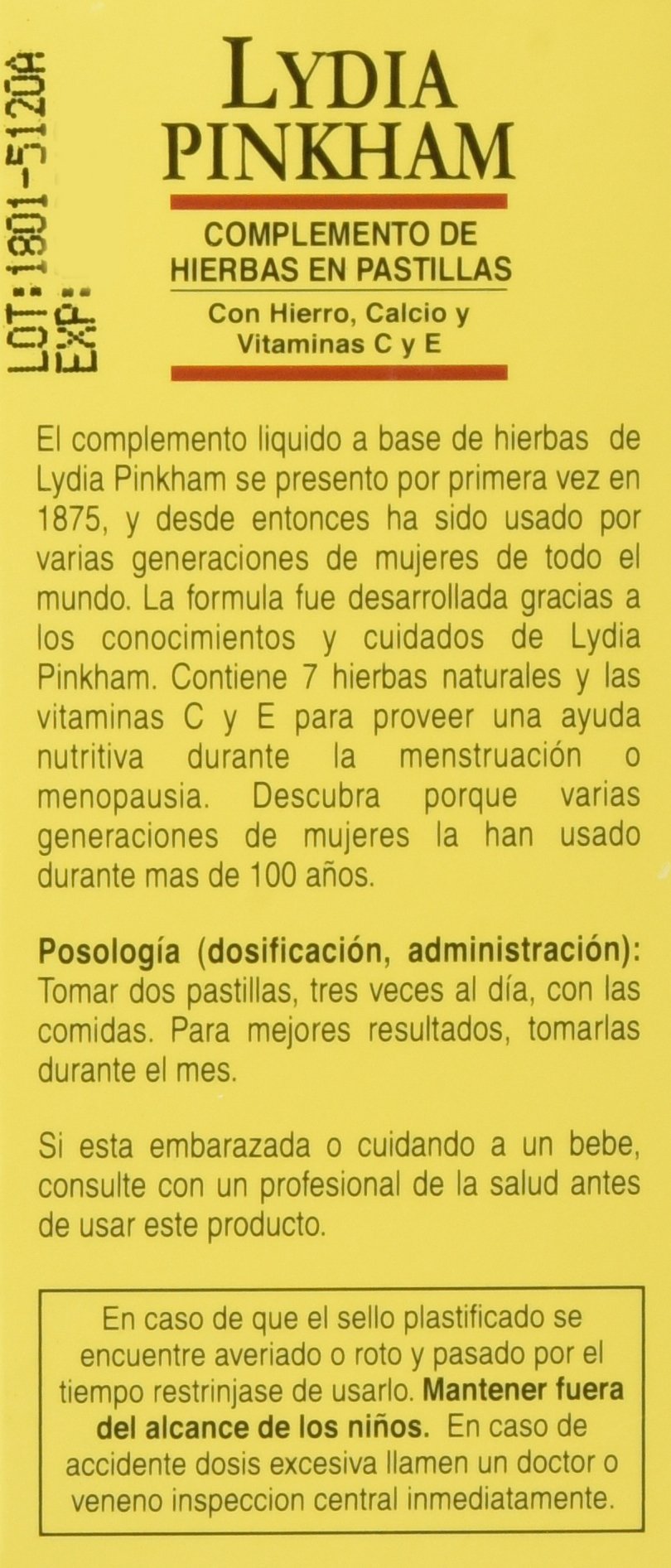 Tabletas Lydia Pinkham en la mano para comparar escala y transportar cómodamente el suplemento
