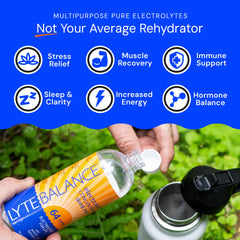 LYTE BALANCE botella junto a una mano para comparar tamaño real