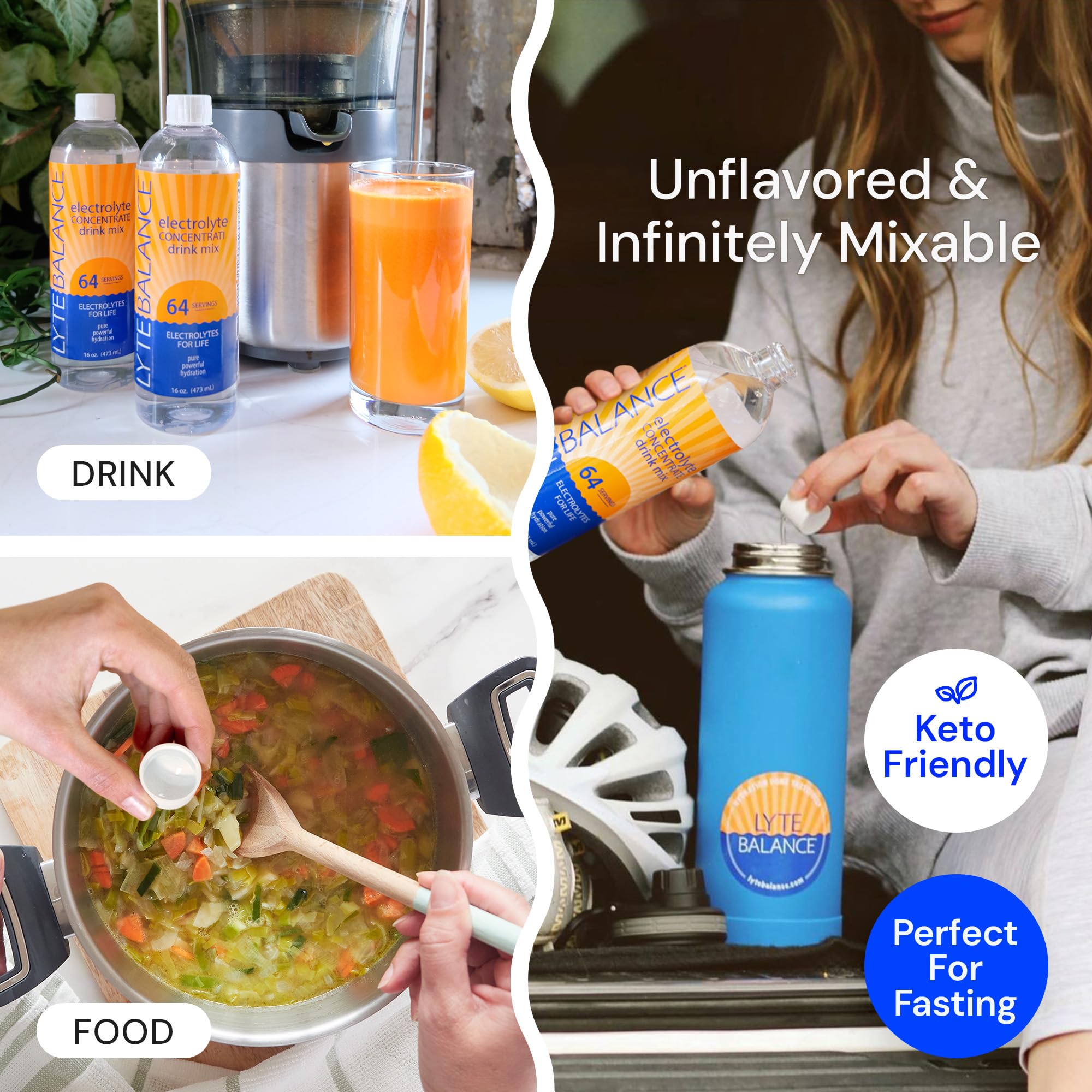 LYTE BALANCE vertido en vaso con agua para hidratación instantánea
