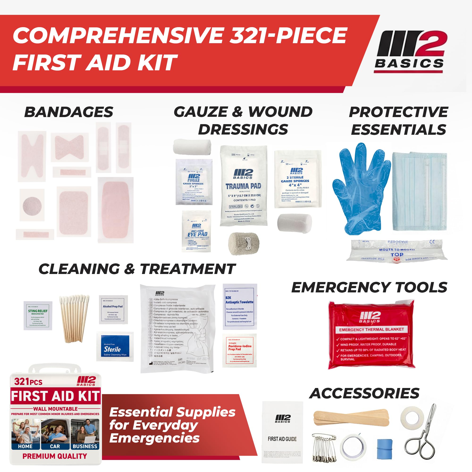 M2 BASICS vendajes y gasas alineados para curar cortes y abrasiones eficientemente