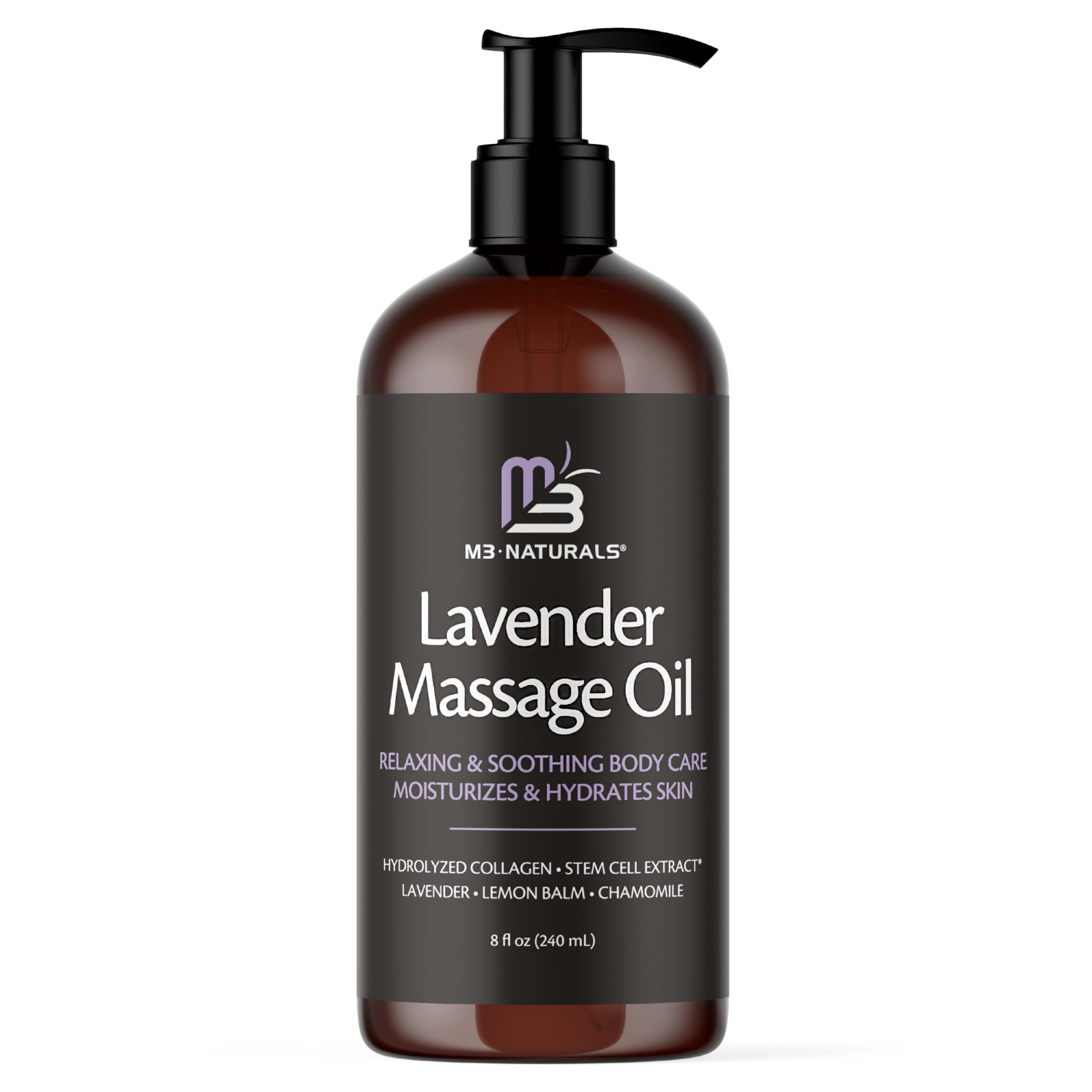 M3 Naturals botella frontal mostrando aceite de masaje lavanda y beneficio relajante