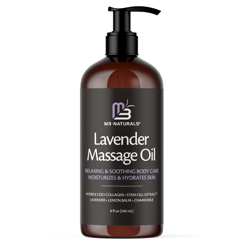 M3 Naturals botella frontal mostrando aceite de masaje lavanda y beneficio relajante