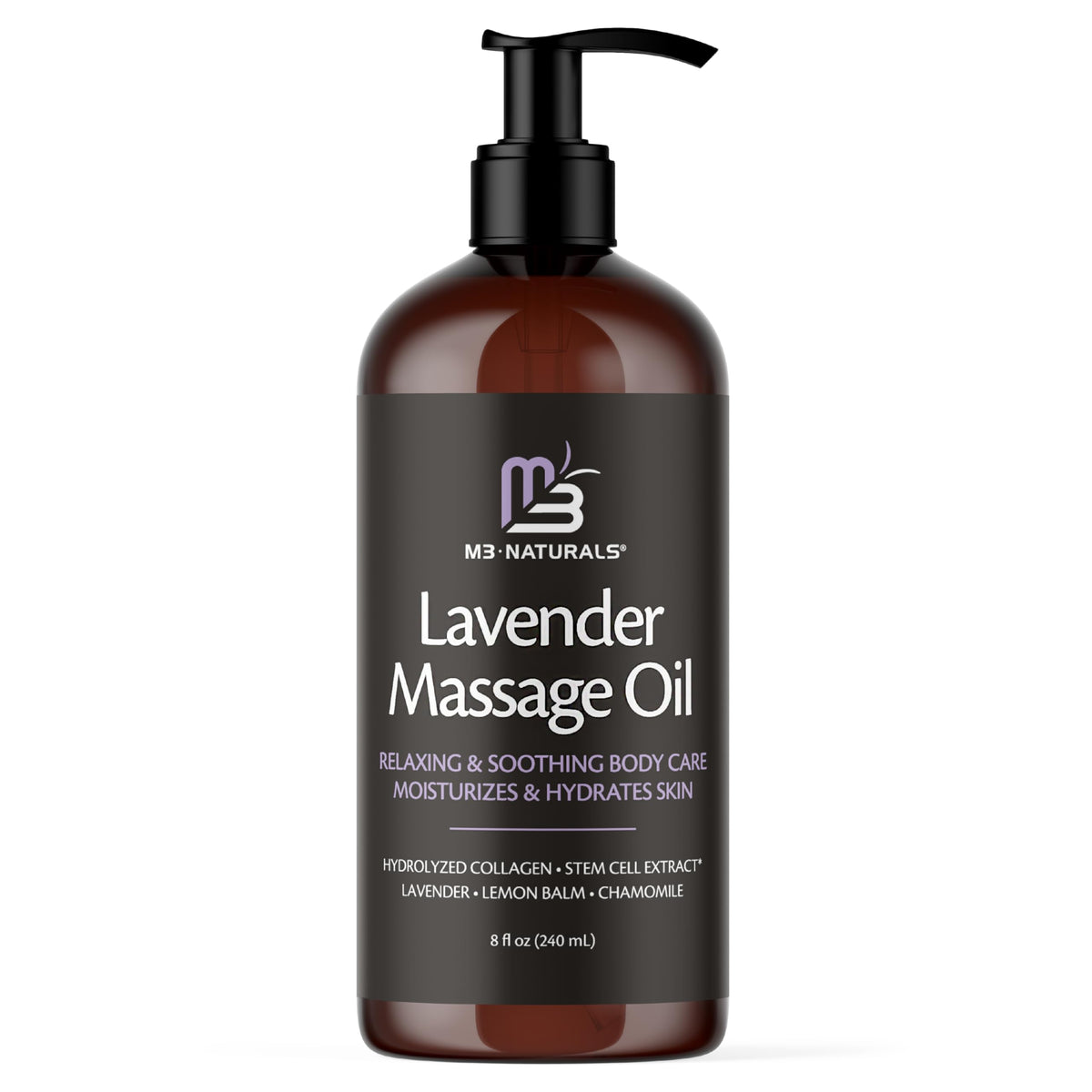 M3 Naturals botella frontal mostrando aceite de masaje lavanda y beneficio relajante